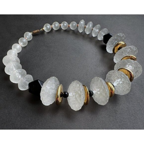 Necklace Matte Clear White faceted beads & balls, black & gold tone beaded 16” - Picture 3 of 6